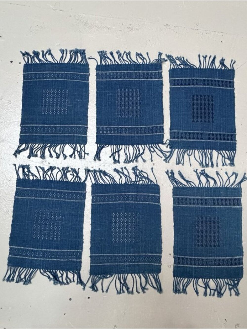 Vintage Woven Wool Coasters Mini Placemats Fringe Blue Set Of 6